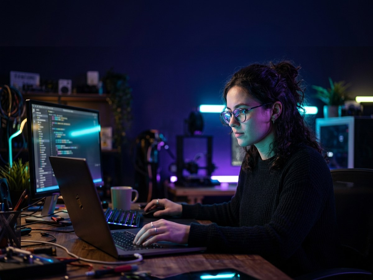 Maker werkt aan een zelfgebouwde app op een laptop
